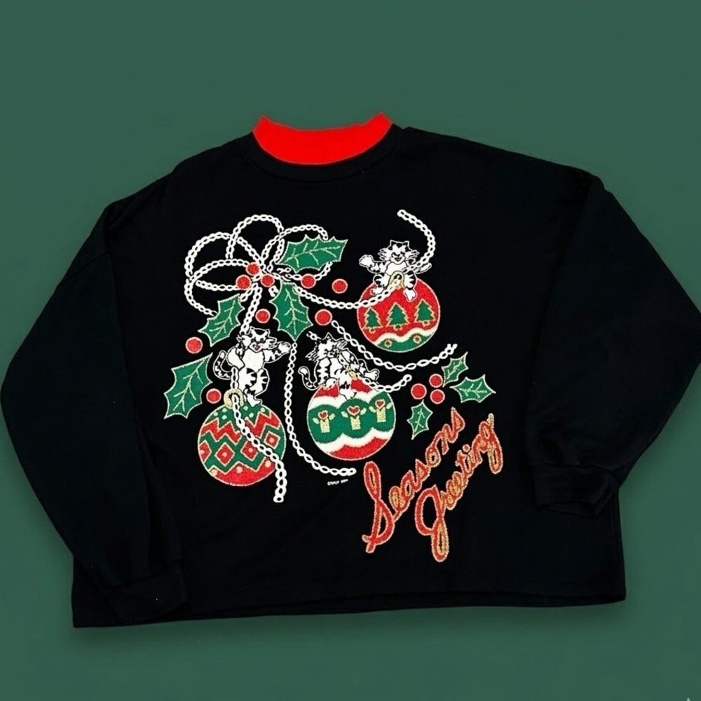 Vintage 1991 Variety Christmas Cats Ornaments Sweatshirt Season's Greetings XL